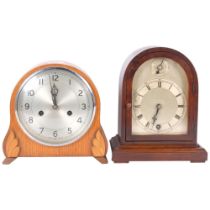 2 x 1920s oak dome-top mantel clocks, 8-day movements, tallest 24cm, retailed by Barfoot Brothers