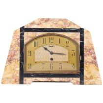 A coloured marble Art Deco mantel clock, 8-day movement, clock height 26cm, no key