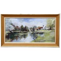 Meriel Campbell, a large oil on canvas, titled "water end, Herts", framed, signed bottom right-