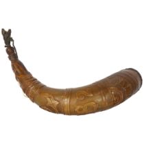 A large 19th century carved powder horn, turned wood and metal mounts, carved 1882, and initialled