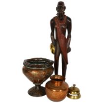 A carved hardwood Masai figure, 61cm, Antique brass desk bell, and 2 engraved copper pots