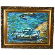 An impressionist acrylic on canvas, boats moored moored on beach and out at sea, appears to be off