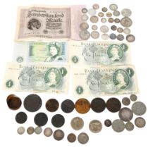 A group of English silver and other coins, and various banknotes including cartwheel penny, 2 x 1996