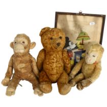 A Vintage soft toy teddy bear, and 2 monkeys, and a Mickey Mouse watercolour, signed P Pauly 1949,