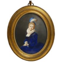 A 19th century oval miniature, watercolour on ivory, portrait of a lady in a blue dress with ruff,