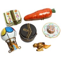 A collection of Limoges porcelain trinket boxes, examples to include a carrot design, a sombrero,