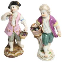 A Meissen figure, boy with floral basket resting on tree stump, H13cm, and a second figure with blue