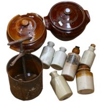2 glazed stoneware casserole pots and covers, stoneware bottles including Fry's etc