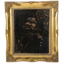 A painting on velvet, portrait study of a bearded man, image 29cm x 23cm, 39cm x 34cm overall,