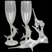 A pair of Champagne glasses, with attached glass sculpture of a swordfish, H22.5cm, and 2 glass