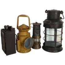 A WWW1 trench lantern, A WWW1Imperial German trench light, antique miners lamp, and a 1944 railway