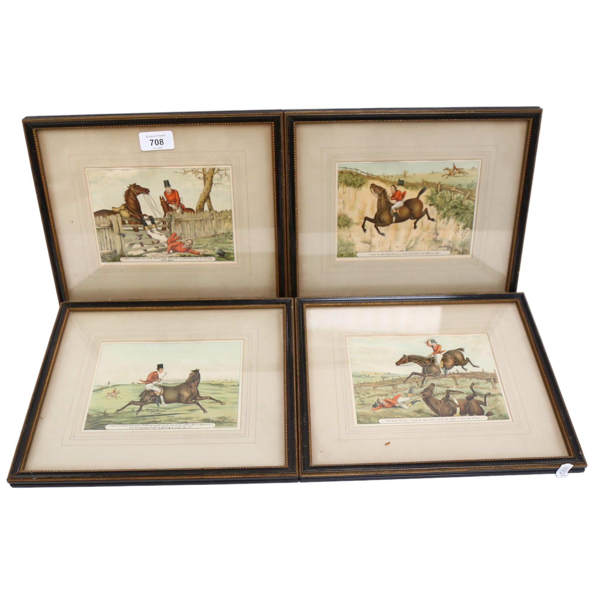 A set of 4 x 19th century coloured engravings, hunting studies, 25cm x 29cm overall, framed,