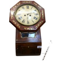 A 19th century mahogany and brass inlaid octagonal drop-dial wall clock, painted wooden dial, 8-
