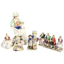 A group of miniature porcelain figures, and a 19th century Staffordshire porcelain figure holding