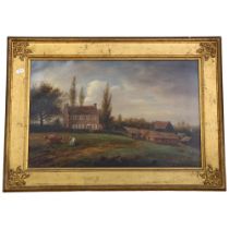 George Allen?, an oil on canvas, farmyard scene, farmhouses and animals in field, framed, unsigned