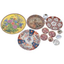 A Chinese famille rose charger, diameter 36cm, an Imari plate, a tea bowl, dishes etc All