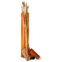 A vegetable tanned leather quiver, with arm guards and finger guards, with 20 wooden arrows, all