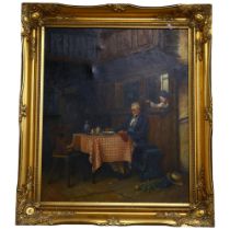 A modern oil on canvas, in a modern giltwood frame, depicting an elderly gentleman eating at a table