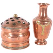 A French Art Nouveau copper and brass-mounted vase, H21cm, and a French brass rose bowl with pierced