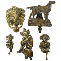 A group of brass door knockers, to include an English Setter dog, L15cm, a lion mount, pixie on a