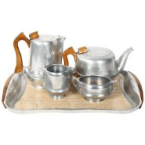 A mid-century Picquot Ware 5-piece tea service, to include a serving tray, 28cm x 42cm, a teapot,