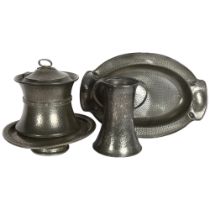 4 pewter items, including a Tudric pewter tazza, 20.5cm, a Warric vase and dish, and a lidded pot