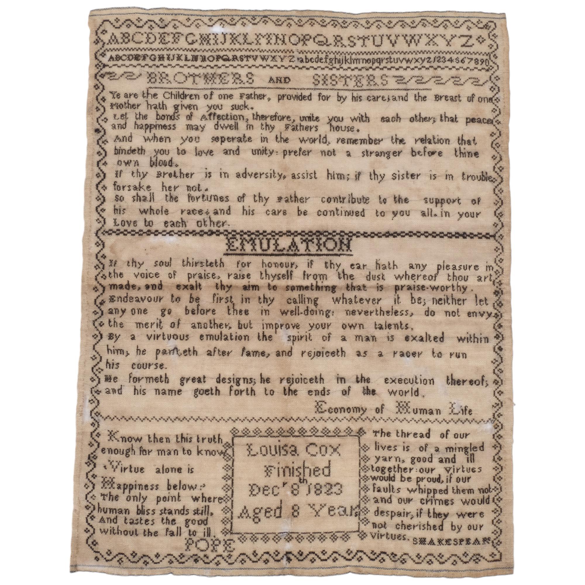 A George III sampler, by Louisa Cox, finished 8th December 1823 aged 8 years