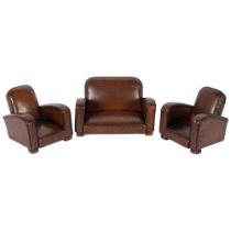 An art deco rexine upholstered 3-piece suite, a travelling salesmans sample/ apprentice piece,