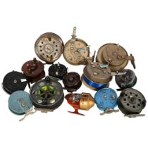 Assorted Vintage fishing reels, including Bakelite and wooden examples