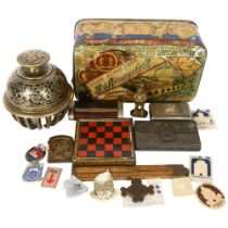 A brass Indian elephant claw bell, H12.5cm, and a selection of snuffboxes, including a wooden