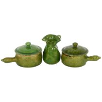 A Rye Pottery green glazed hop sack, H7cm, and a pair of miniature green glazed pots and covers,