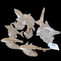 A group of various glass shark sculptures, including several by Machtmann, and several unmarked,