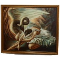 An unsigned oil on canvas, the dying swan, framed, 56cm x 66cm