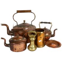 Antique brass quart mug, a large copper kettle, 2 smaller ones, ashtray, and a 7lb brass weight