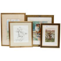 A group of framed prints, to include a print of schoolboy rugby players, 37cm x 28cm, a pencil