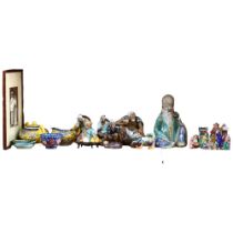 A group of Oriental items, to include some Sumida Gawa figures, a yellow ground teapot and milk jug,