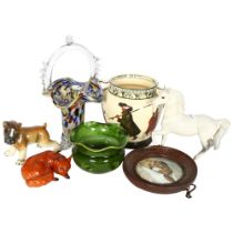 Beswick fox and Dapple Grey horse, glass basket, 27cm, Doulton Isaac Walton vase (A/F), pot lid etc