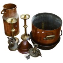 A copper and brass churn, 41cm, a pair of brass candlesticks and 2 others, a 2-handled copper pot,