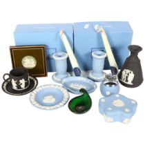 Wedgwood Jasperware items, including a black cup and saucer and vase, 12cm, and a silvered glass