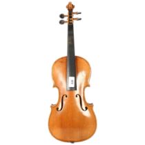 A three-quarter-size wooden violin, violin back length 13", no maker's labels, no bow or casing