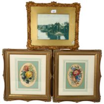 A giltwood-framed print of monk's fishing, 36cm x 39cm, and 2 framed floral prints in ornate