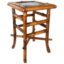 Antique bamboo side table, with tile-set top depicting birds and reeds, H48cm