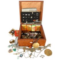 Costume jewellery, compacts, playing cards, spectacles etc, in pine box