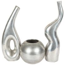 Cast-aluminium sculptural vases, tallest 35cm, and a similar circular vase