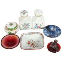 A small Meissen pot and cover, pair of painted caddies, a Limoges dish, an overlay scent bottle etc