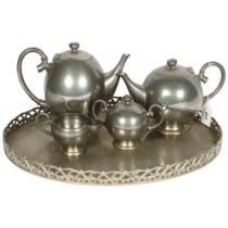 A Dutch Jugendstil pewter tea set on tray, by Metawa, with maker's marks