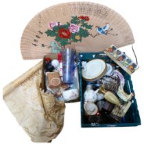 Various ceramics, table lamp, large Oriental fan, water jug, etc (2 boxfuls)