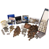 A large quantity of various British and world coins, including Portuguese, banknotes, shillings etc,