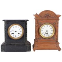 A Victorian black slate and green marble mantel clock, enamel dial and 8-day movement, and an oak-