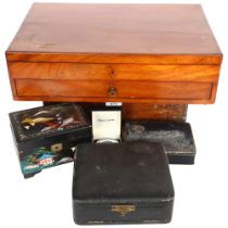 A mahogany box with drawer under, 44cm across, Oriental jewel chest, compass etc